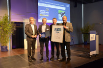 Presentation of the Environmental Technology Award 2019 in the Schwabenlandhalle in Fellbach - from left to right: Franz Untersteller (Environment Minister of Baden-Württemberg), Marcus Reuter (Managing Director of HAURATON), Fabian Reuter (Senior Consultant of HAURATON), Claus Huwe (Drainage Expert of HAURATON)